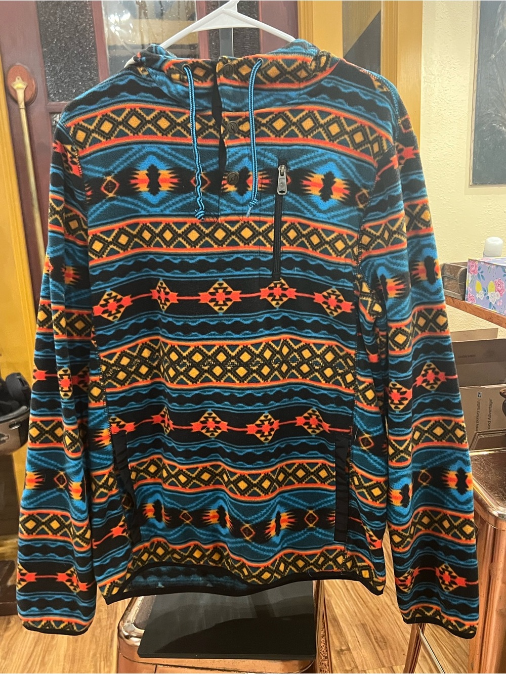 Men's DRAVUS Aztec Hooded Pullover Sweater - Blue, Black & Orange